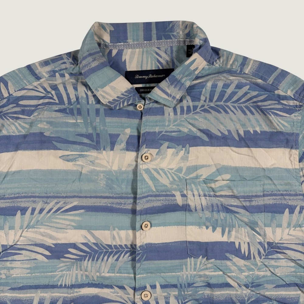 Tommy Bahama Button Down Mens Large Silk Tropical Palm Stripe Blue